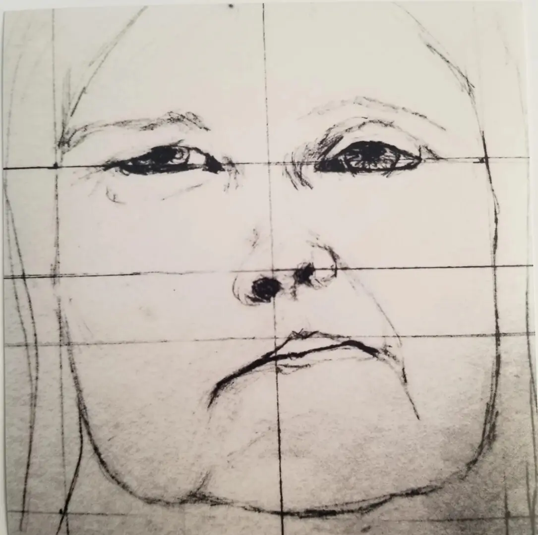 A drawing of a woman 's face with a grid around it.