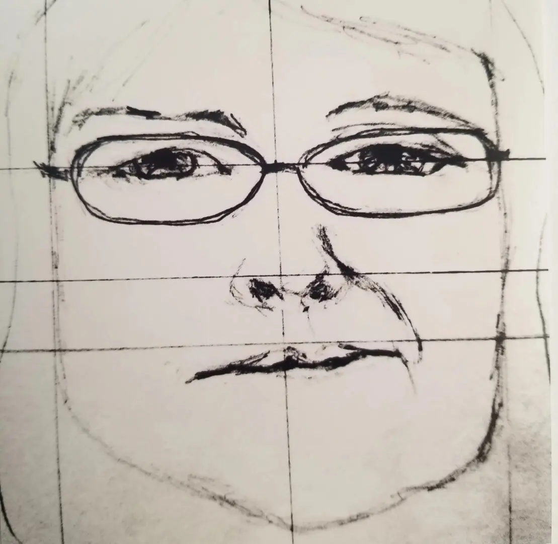 A drawing of a woman 's face with glasses.